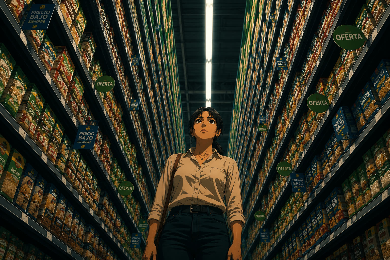 María Fernanda vista desde abajo en un pasillo de supermercado cuyas estanterías se alzan como las paredes de un desfiladero, cubiertas de etiquetas de oferta.
