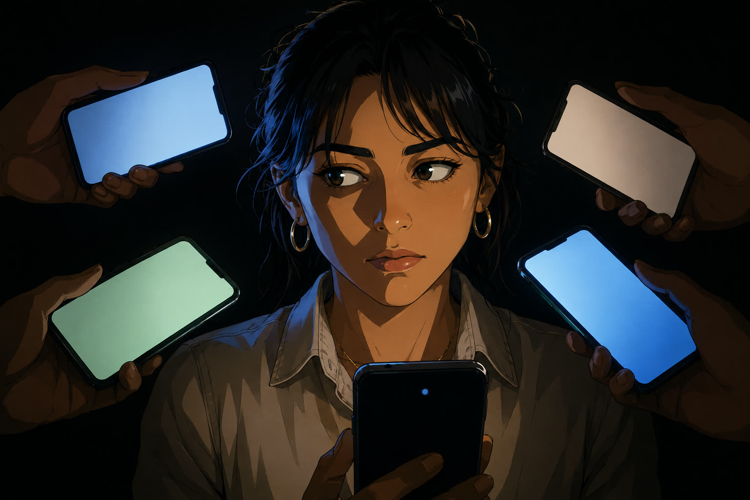El rostro de María Fernanda en la oscuridad, iluminado únicamente por varias pantallas de celular que manos anónimas sostienen a su alrededor.