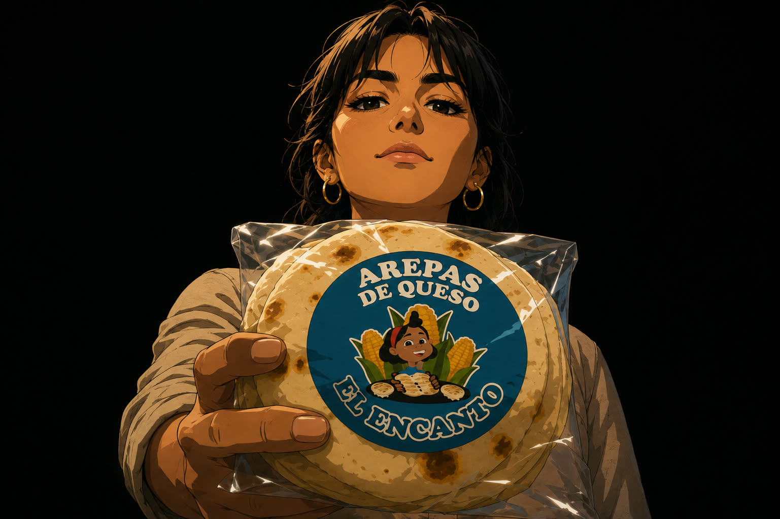María Fernanda mirando de frente a la cámara y adelantando hacia el espectador un paquete de arepas de queso El Encanto, sobre fondo negro.