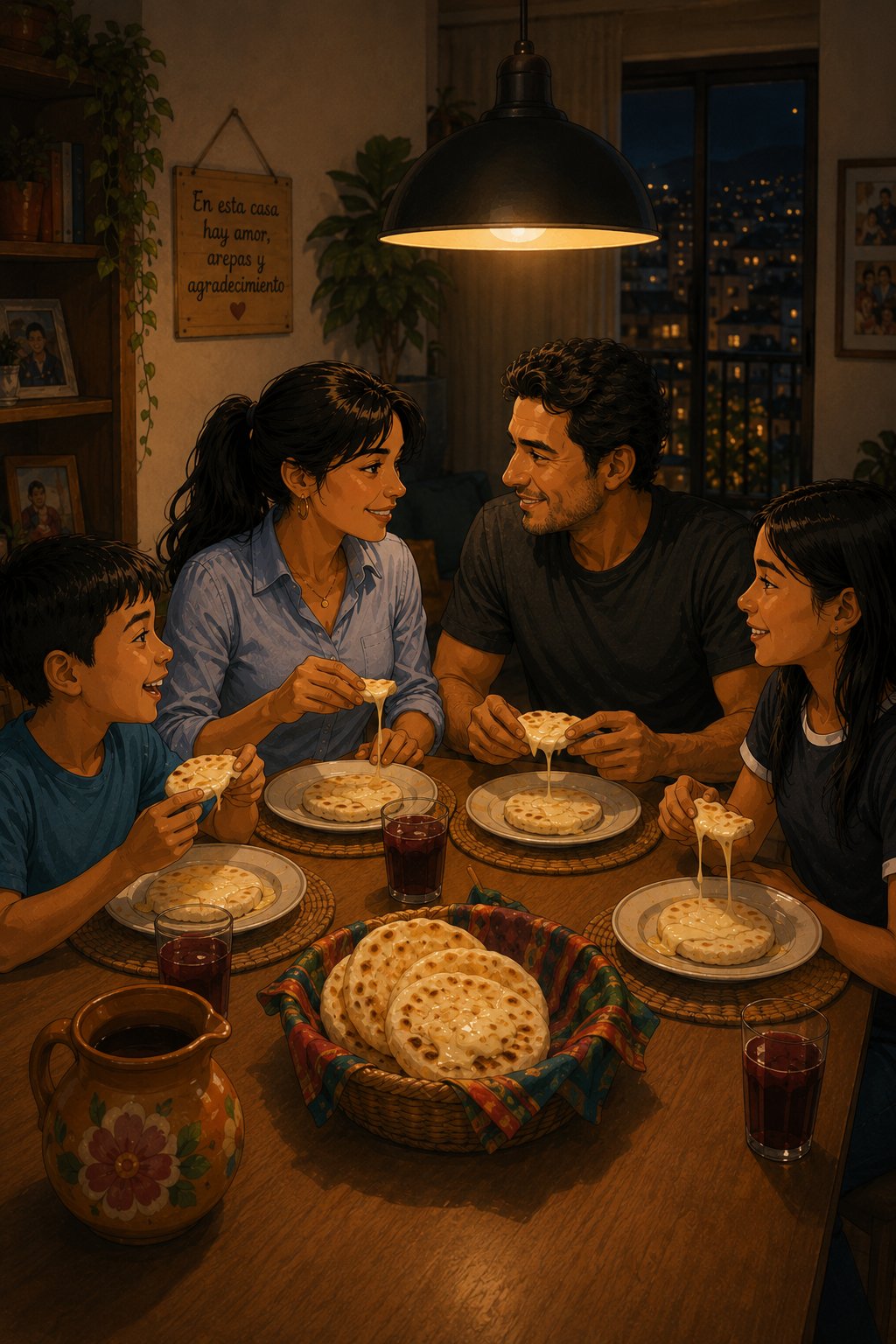 María Fernanda cena con su pareja y sus dos hijos alrededor de la mesa, con arepas servidas y luz cálida de lámpara.