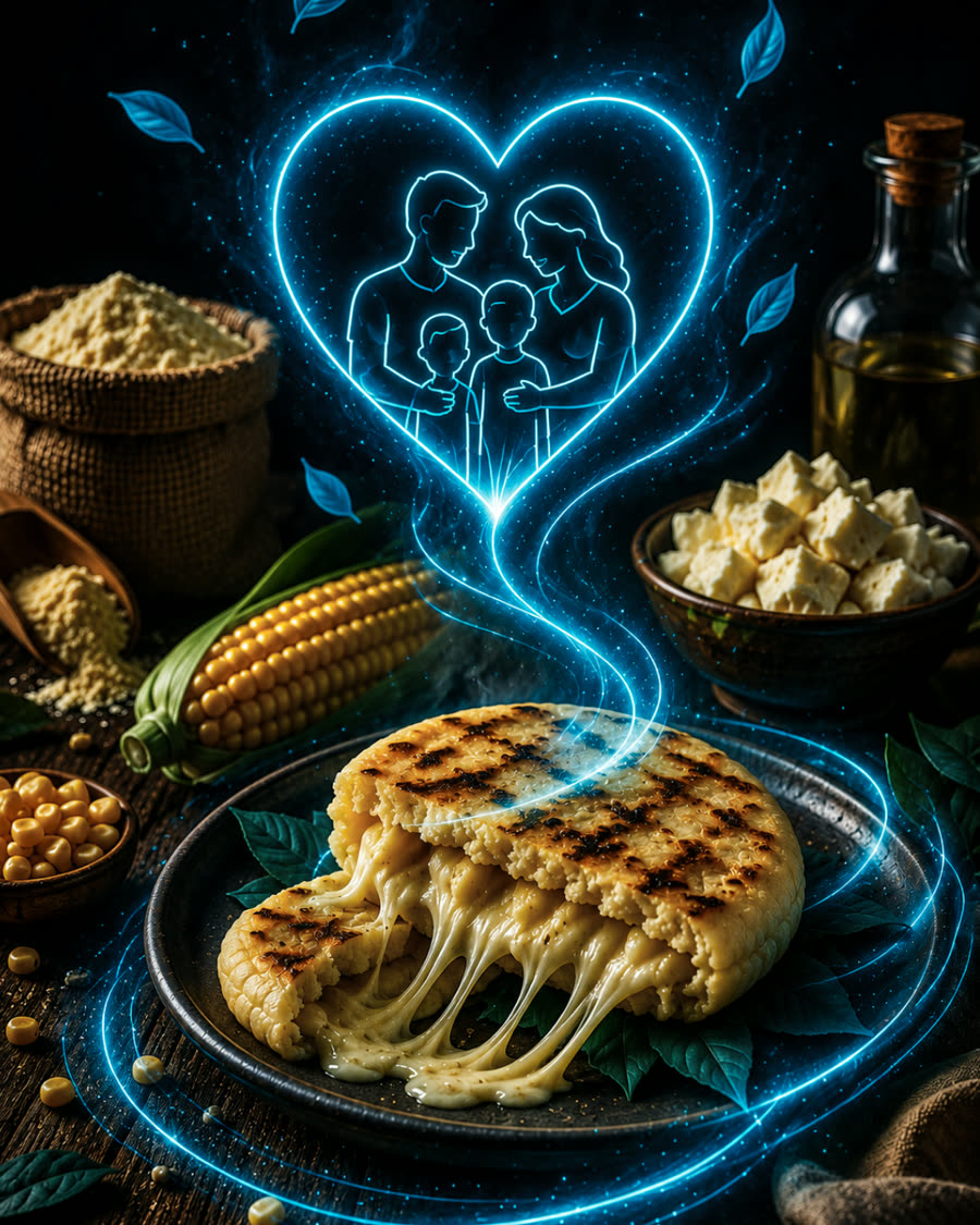 Arepa de queso partida sobre un plato, rodeada de maíz, harina y queso fresco, con un corazón de luz que envuelve a una familia.