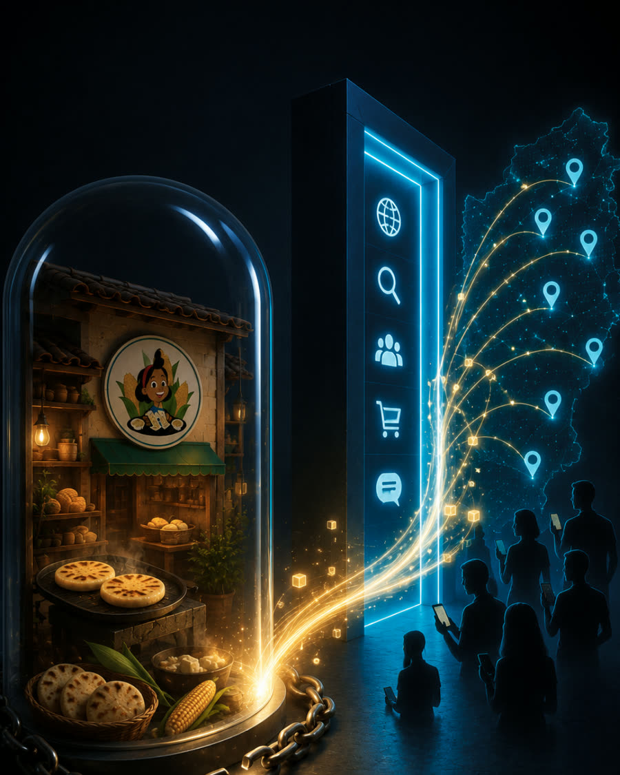 La tienda de El Encanto bajo una campana de cristal, con una puerta de luz que proyecta su marca hacia un mapa y hacia personas mirando sus teléfonos.