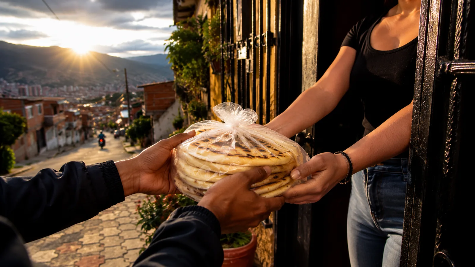 Entrega de un paquete de arepas de mano a mano en la puerta de una casa