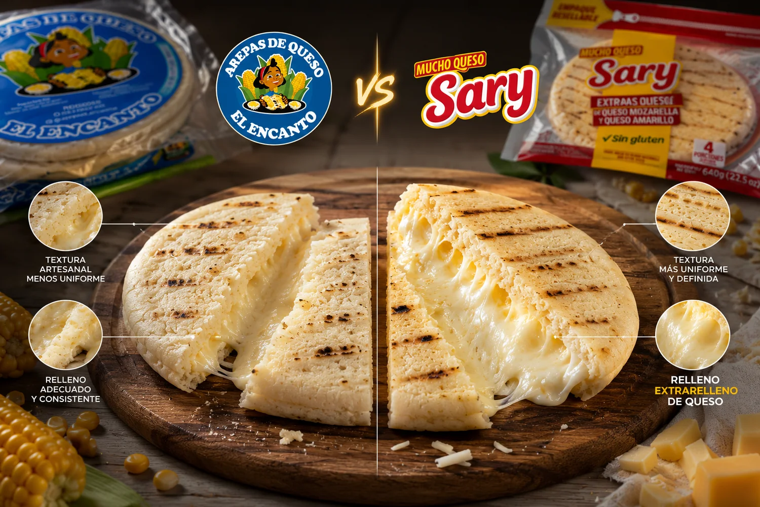 Comparación del mismo producto: la arepa de queso de El Encanto frente a la de Sary, ambas partidas por la mitad