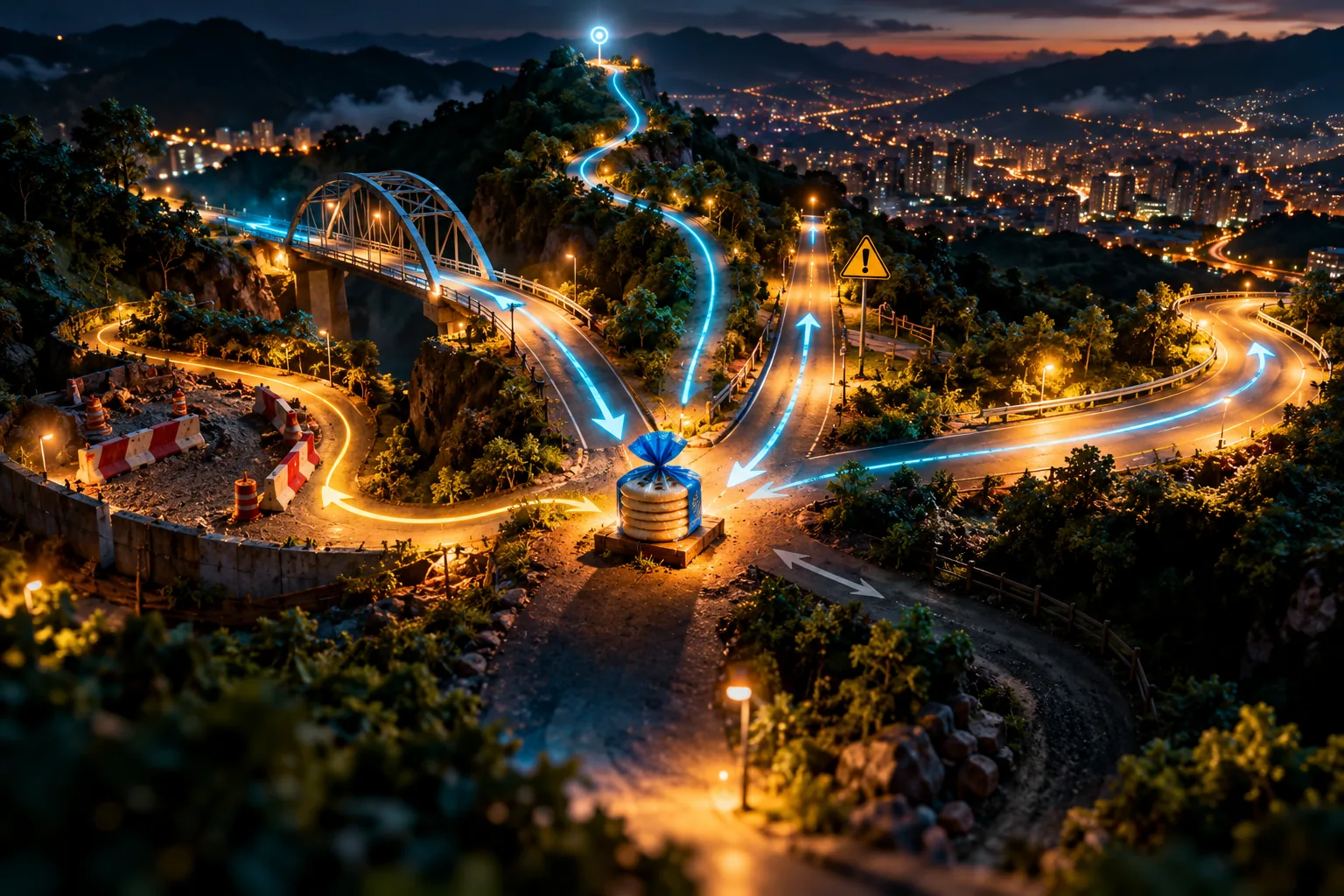 Cruce de caminos nocturno del que salen seis senderos iluminados